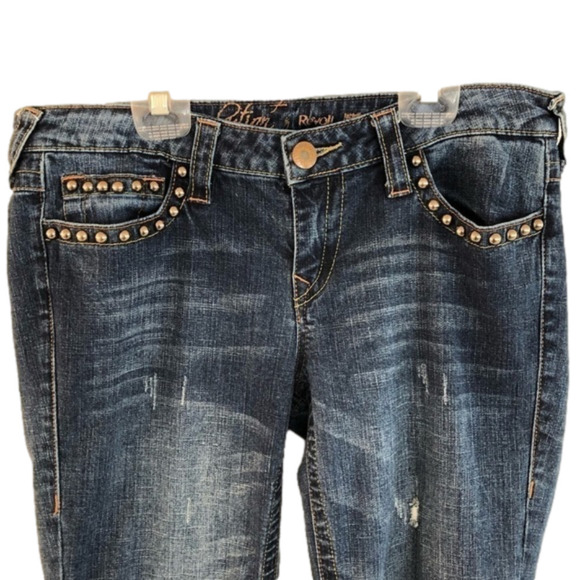 Revolution Jeans, distressed rivet studs. Size 11 / 12. Wide leg flare Boho - Picture 2 of 10
